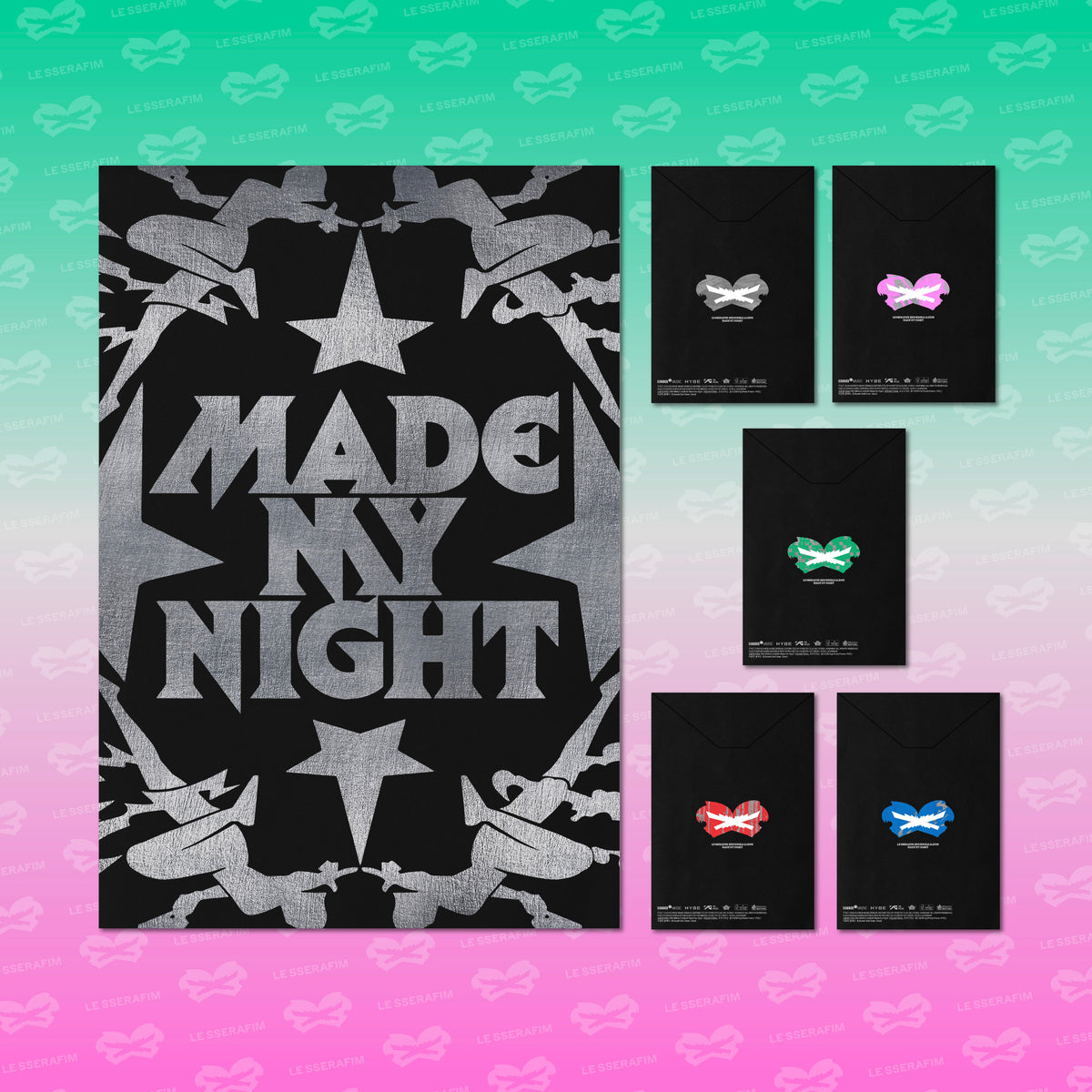 LE SSERAFIM - 2nd Single Album 'Made My Night' (COMPACT VER.) (Random) in SILVER GLITCH (Silver), PINK OVERLAY (Pink), GREEN MERGE (Green), RED SYNC (Red), and BLUE LINK (Blue)