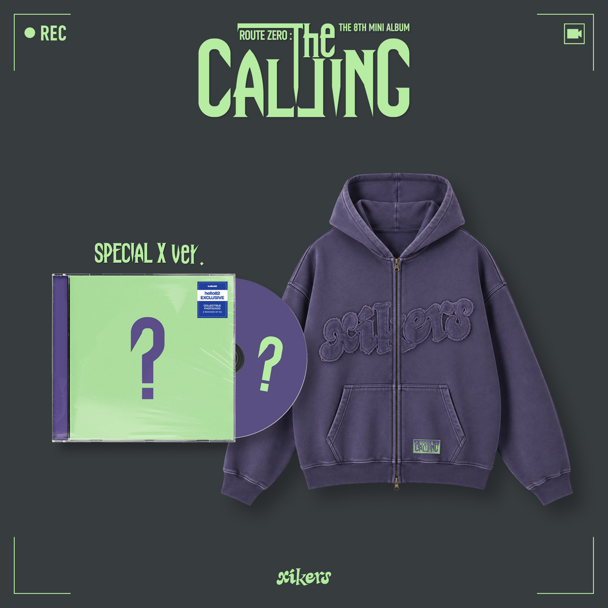 xikers - ROUTE ZERO : The CALLING - Fan Pack featuring xikers - ROUTE ZERO : The CALLING (SPECIAL X ver.) - hello82 Exclusive (Green) and xikers - ROUTE ZERO : The CALLING - Washed Zip Up Hoodie (Purple)