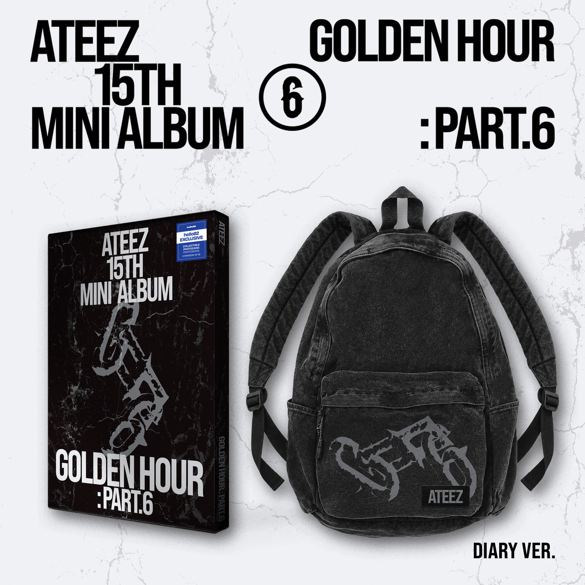 ATEEZ - GOLDEN HOUR : Part.6 - Fan Pack #2 featuring ATEEZ - GOLDEN HOUR : Part.6 - hello82 Exclusive DIARY VER. (Black) and ATEEZ - GOLDEN HOUR : Part.6 - WASHED BACKPACK (Black)