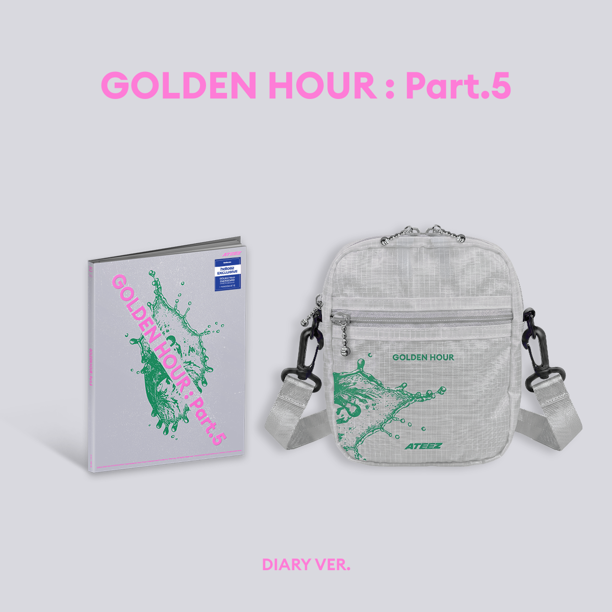 ATEEZ - GOLDEN HOUR : Part. 5 - Fan Pack #2 featuring GOLDEN HOUR : Part. 5 - hello82 Exclusive - DIARY VER. (Silver) and GOLDEN HOUR : Part. 5 - Crossbody Bag (Silver)