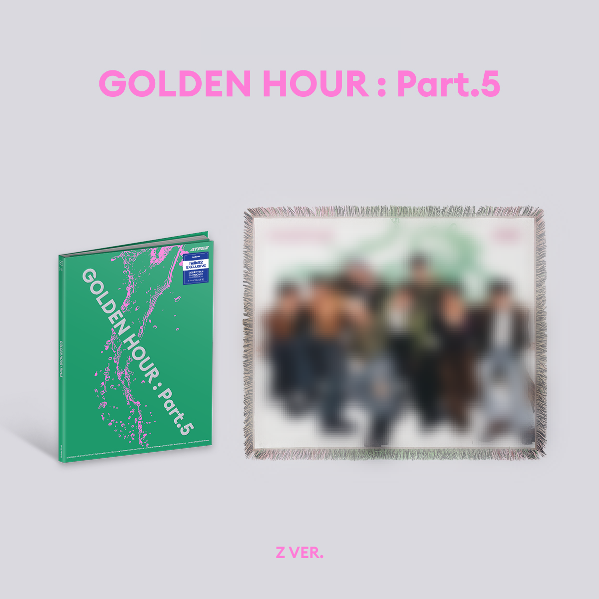 ATEEZ - GOLDEN HOUR : Part. 5 - Fan Pack #3 featuring GOLDEN HOUR : Part. 5 - hello82 Exclusive - Z VER. (Green) and GOLDEN HOUR : Part. 5 - Woven Throw