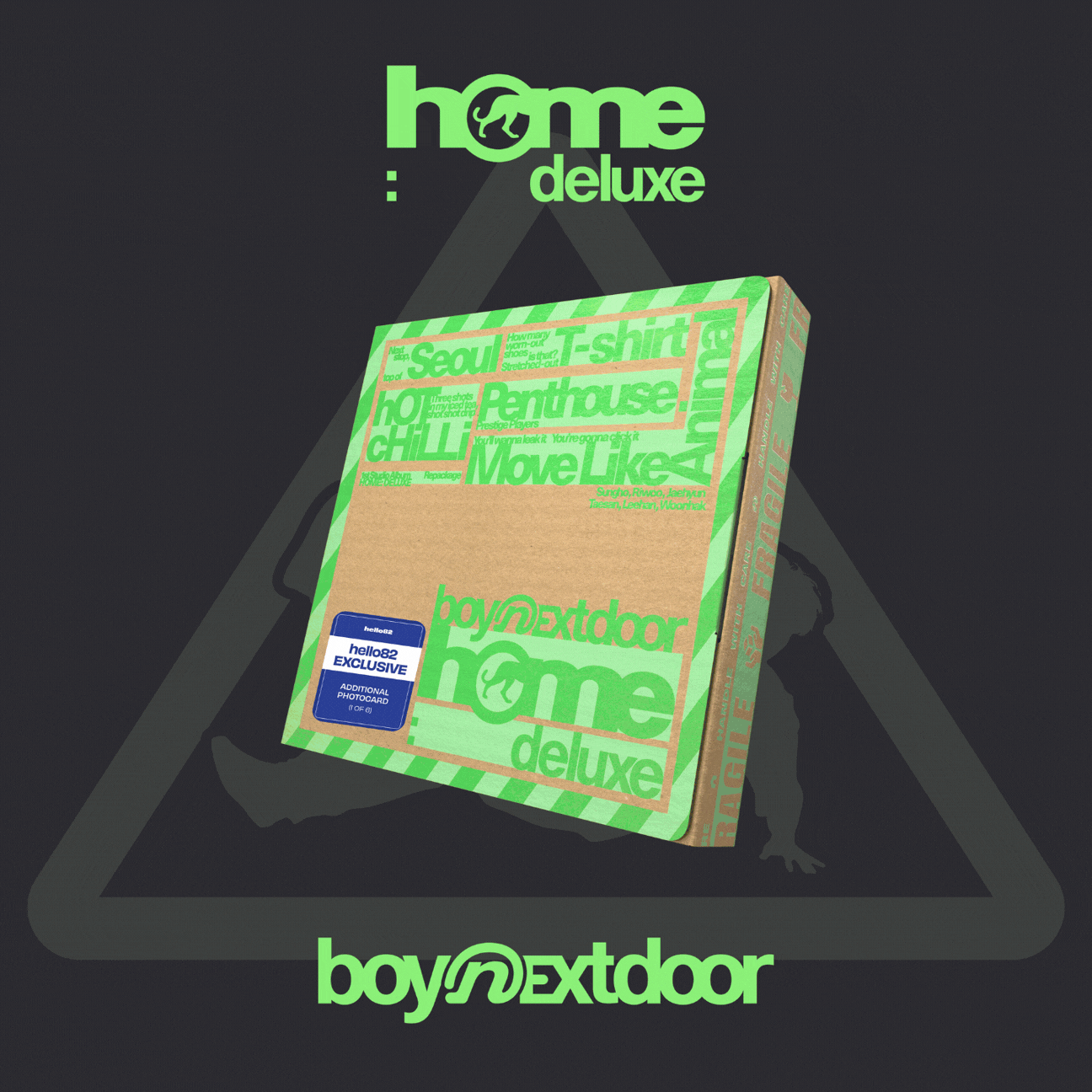 BOYNEXTDOOR - HOME: DELUXE (hello82 Exclusive) in HAZE Ver. (Green), OVERDRIVE Ver. (Yellow), and SPARK Ver. (Red)