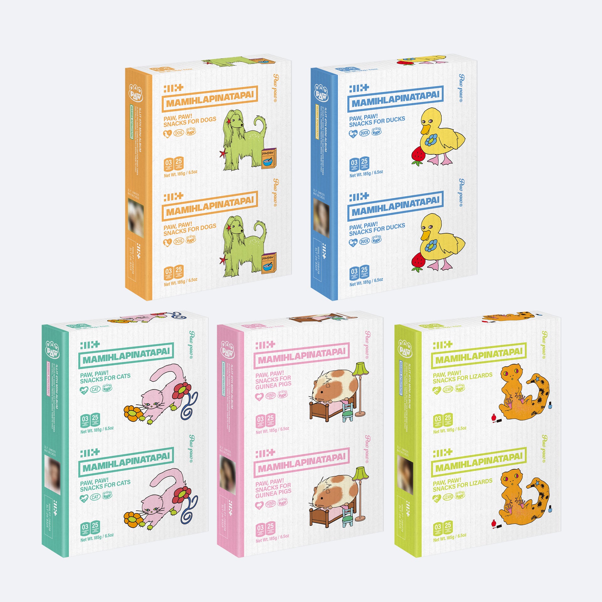 ILLIT 4TH MINI ALBUM MAMIHLAPINATAPAI (PAW PAW ver.) Snacks for Dogs (Orange), Snacks for Ducks (Blue), Snacks for Cats (Green), Snacks for Guinea Pigs (Pink), Snacks for Lizards (Lime Green)