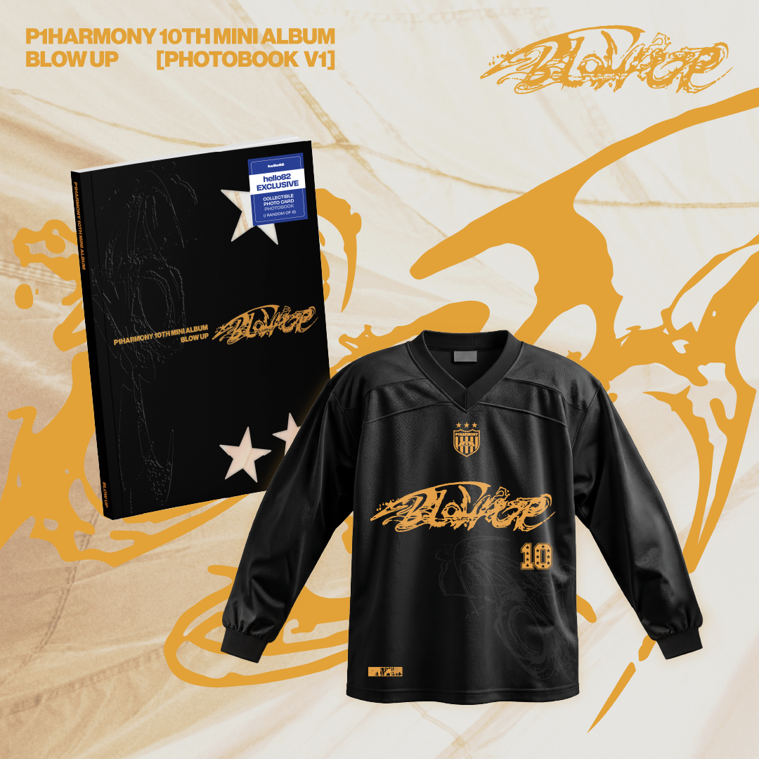 P1Harmony - BLOW UP - Fan Pack #1 featuring P1Harmony - BLOW UP (Photobook Ver.) - hello82 Exclusive Photobook V1 (Black) and P1Harmony - BLOW UP - Sport Jersey (Black)