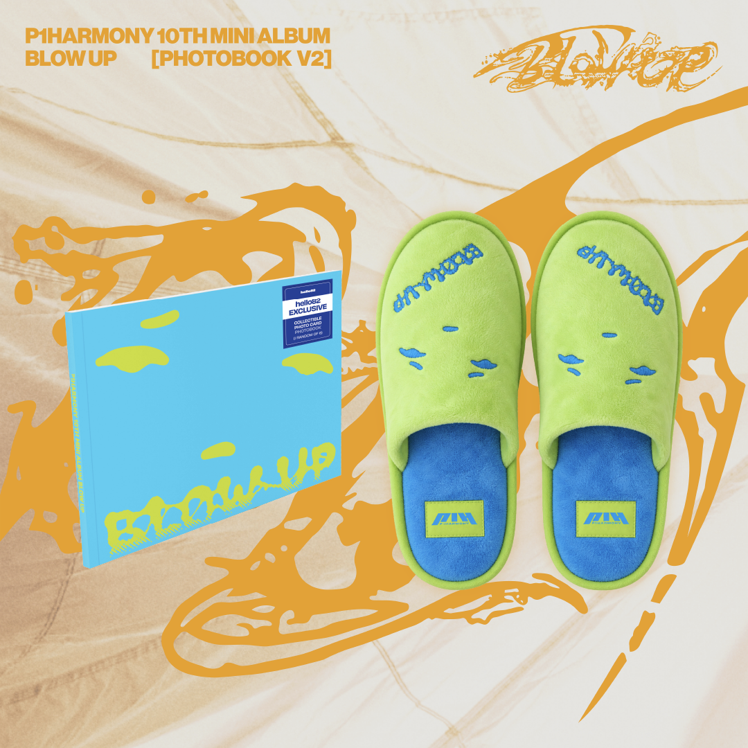 P1Harmony - BLOW UP - Fan Pack #2 featuring P1Harmony - BLOW UP (Photobook Ver.) - hello82 Exclusive Photobook V2 (Blue) and P1Harmony - BLOW UP - House Slippers (Green)