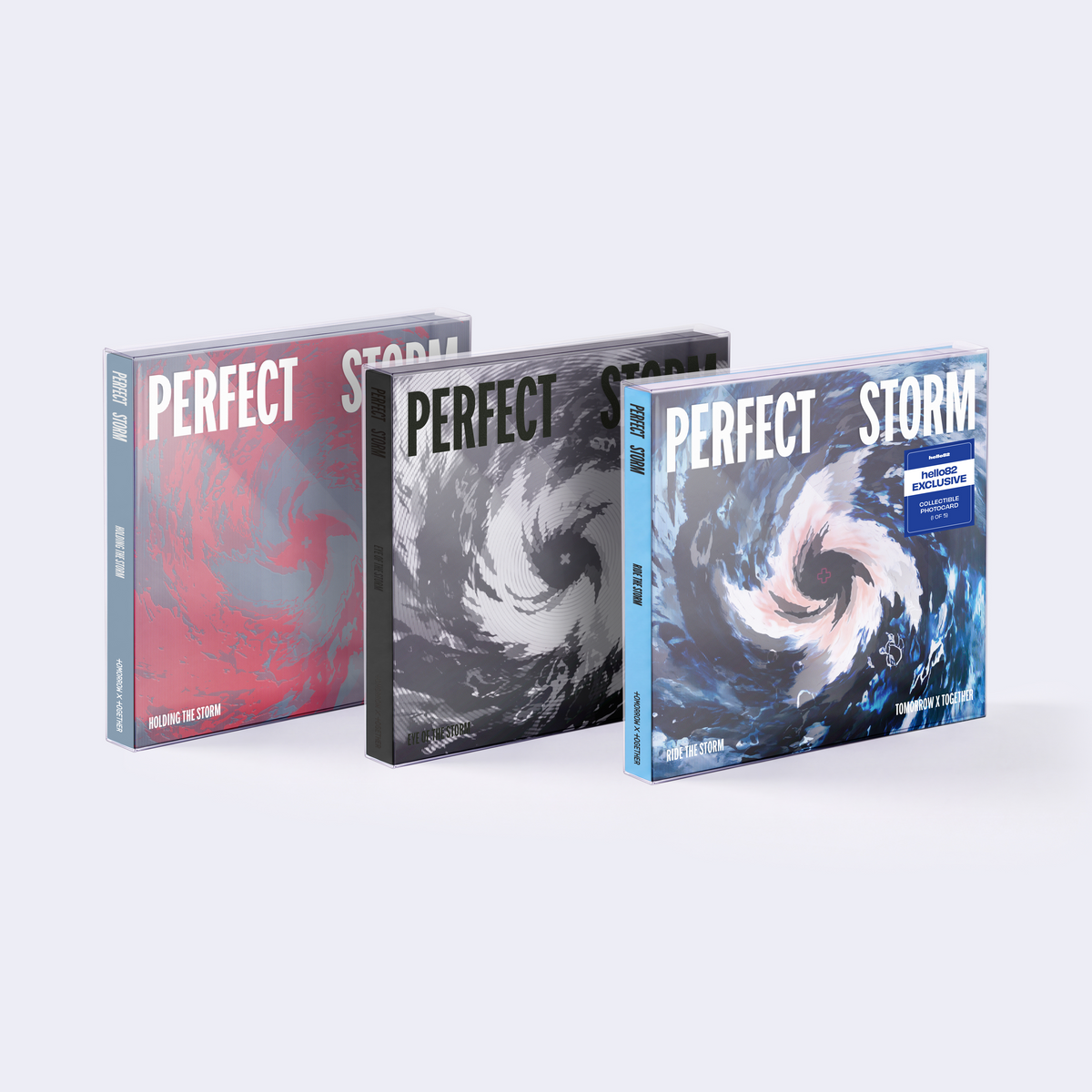 TOMORROW X TOGETHER - PERFECT STORM (hello82 Exclusive) RIDE THE STORM Ver. (Blue), EYE OF THE STORM Ver. (Black), and HOLDING THE STORM Ver. (Red)